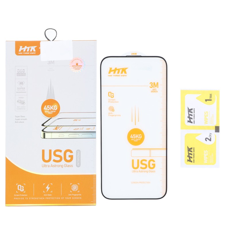محافظ صفحه نمایش شیشه ای Full Cover USG 45KG - HTK مدل Apple iPhone 16 Pro Max (پک دار)