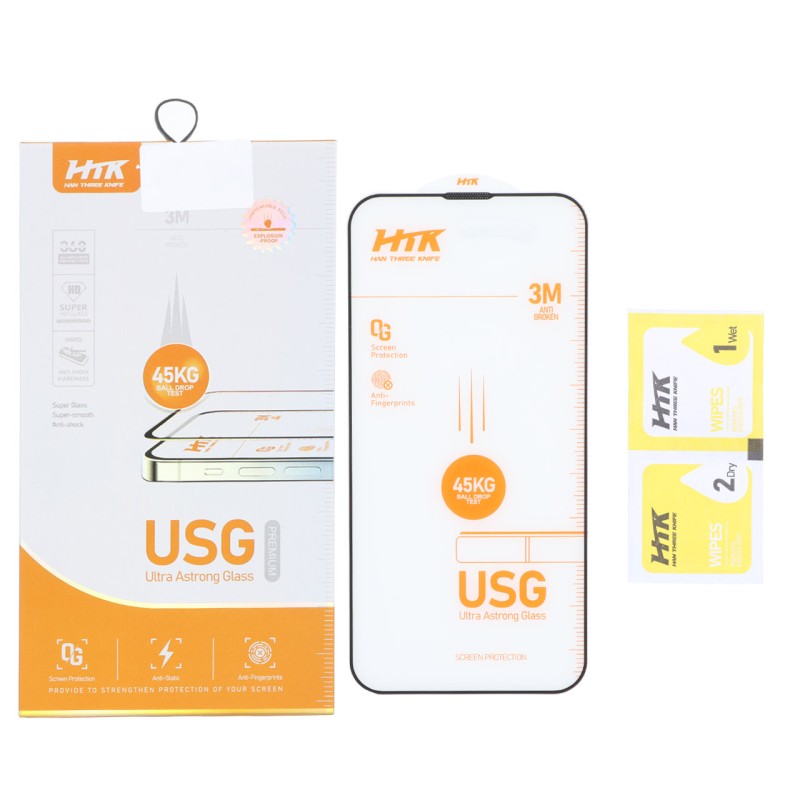 محافظ صفحه نمایش شیشه ای Full Cover USG 45KG - HTK مدل Apple iPhone 13 / iPhone 13 Pro / iPhone 14 / 16e (پک دار)