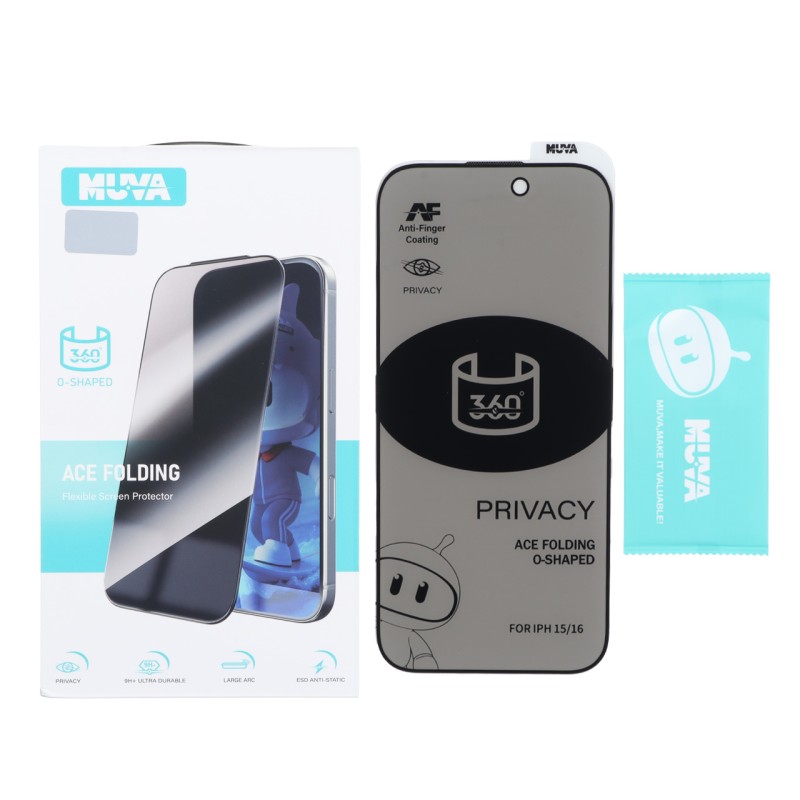 محافظ صفحه نمایش شیشه ای Full Cover MUVA 360 ESD Anti Static Privacy مدل Apple iPhone 16 / iPhone 15 / iPhone 14 Pro (پک دار)