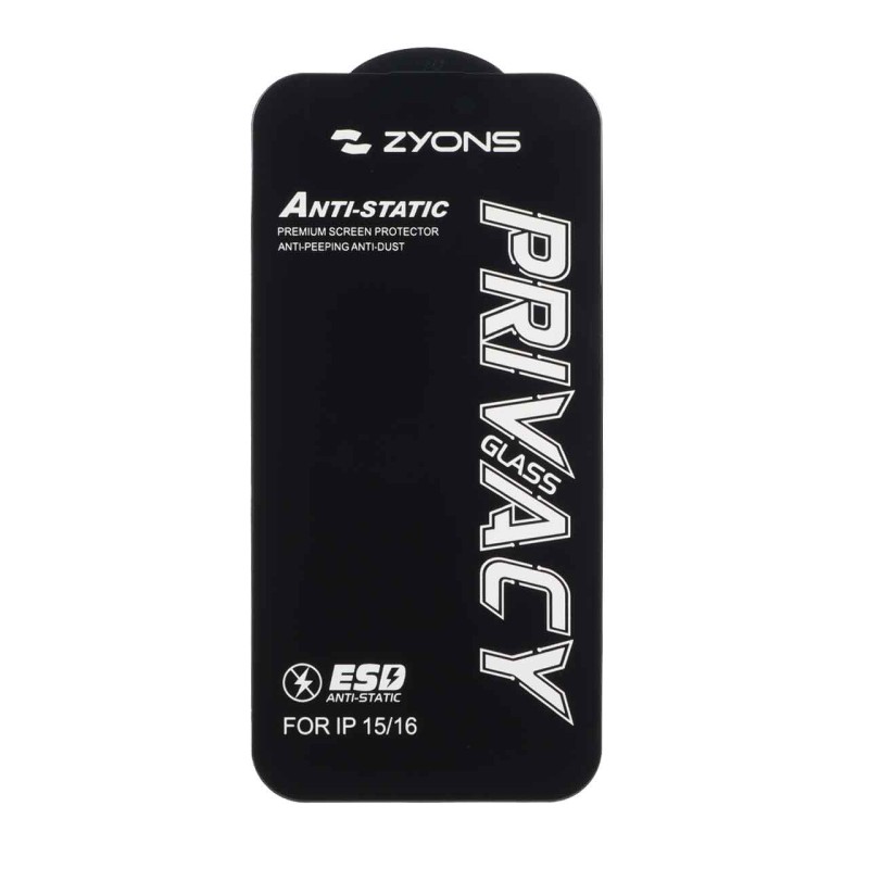 محافظ صفحه نمایش شیشه ای Anti Static - ESD Zyons Privacy مدل Apple iPhone 16 / iPhone 15 / iPhone 14 Pro