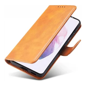 کیف گوشی Samsung Galaxy A56 مدل لپتاپی رنگ قهوه ای شتری (محافظ لنز دار)