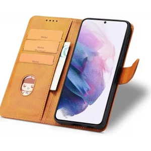کیف گوشی Samsung Galaxy A56 مدل لپتاپی رنگ قهوه ای شتری (محافظ لنز دار)