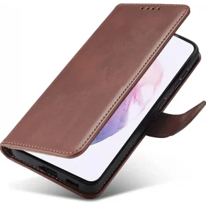 کیف گوشی Samsung Galaxy A56 مدل لپتاپی رنگ قهوه ای شتری (محافظ لنز دار)