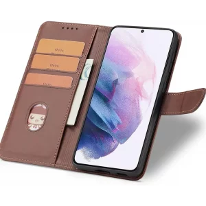 کیف گوشی Samsung Galaxy A56 مدل لپتاپی رنگ قهوه ای شتری (محافظ لنز دار)