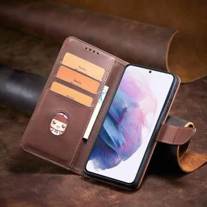 کیف گوشی Samsung Galaxy A56 مدل لپتاپی رنگ قهوه ای شتری (محافظ لنز دار)