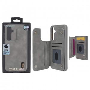 قاب گوشی مدل چرمی جاکارتی‌دار مگنتی LeatherPro مناسب Samsung Galaxy A55– طوسی