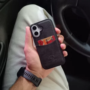 قاب جاکارتی دار Apple Iphone 16 مدل Royal Case با جنس چرمی دوخت دار - رنگ قهوه ای
