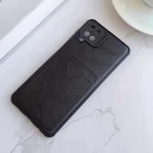 قاب جاکارتی دار Samsung Galaxy A12/ M12 مدل محافظ لنز دار با چرم دوخت دار - رنگ مشکی