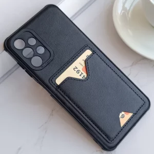 قاب جاکارتی دار Samsung Galaxy A32 مدل محافظ لنز دار با چرم دوخت دار - رنگ مشکی