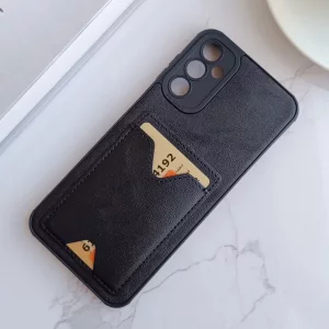 قاب جاکارتی دار Samsung Galaxy A15 مدل محافظ لنز دار با چرم دوخت دار - رنگ مشکی