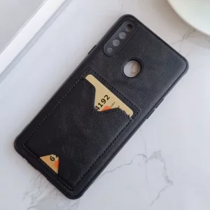 قاب جاکارتی دار Samsung Galaxy A20s مدل محافظ لنز دار با چرم دوخت دار - رنگ مشکی