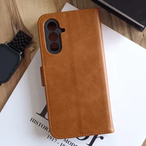 کیف چرمی موبایل مگنتی محافظ لنز دار  Samsung Galaxy A26/ A17 - عسلی