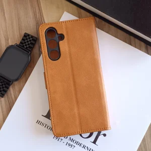 کیف چرمی موبایل مگنتی محافظ لنز دار  Samsung Galaxy A54 - عسلی