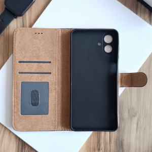 کیف چرمی موبایل مگنتی محافظ لنز دار  Samsung Galaxy A07 - سرمه ای