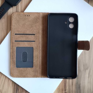 کیف چرمی موبایل مگنتی محافظ لنز دار  Samsung Galaxy A07 - سرمه ای