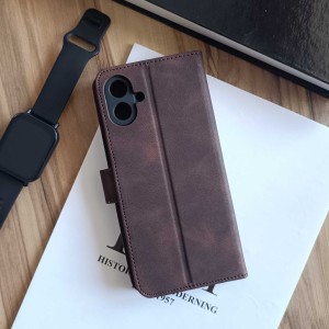کیف چرمی موبایل مگنتی محافظ لنز دار  Samsung Galaxy A07 - قهوه ای تیره
