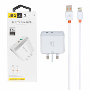 شارژر دیواری فست دو پورت JBQ مدل F-2USB 18W همراه با کابل آیفون - سفید (گارانتی یکساله رصاصی)