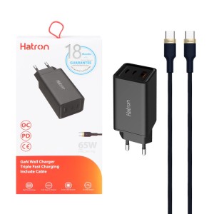شارژر دیواری 65W فست و PD سه پورت Hatron مدل HWC3651PQ به همراه کابل شارژ Type-C - مشکی