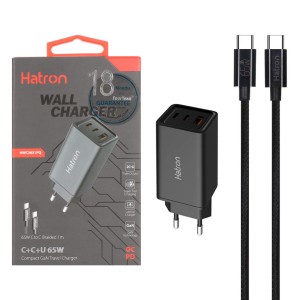 شارژر دیواری 65W فست و PD سه پورت Hatron مدل HWC3651PQ به همراه کابل شارژ Type-C - مشکی