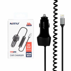 شارژر فندکی فست و PD تک پورت NITU مدل NDC26 38W بهمراه کابل متصل آیفون - مشکی (گارانتی 18 ماه تعویض نیکان همراه)