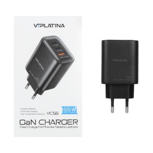 شارژر دیواری فست و PD سه پورت VIPLATINA مدل VC56 65W - مشکی (گارانتی 18 ماه تعویض نیکان همراه)