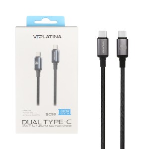 کابل شارژ فست 1.2 متری VIPLATINA Type-C To Type-C مدل BC99 240W - مشکی (گارانتی 18 ماه تعویض نیکان همراه)