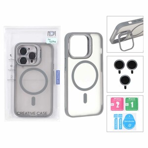 قاب Case Pro لنز آلومینیومی مات Magsafe با ست محافظ لنز رینگی مدل Apple iPhone 13 Pro - خاکستری (پک دار)