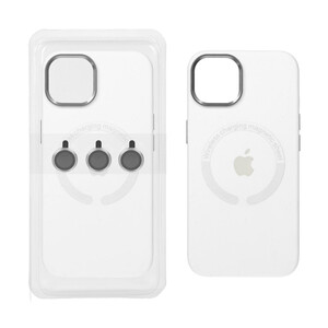 قاب سیلیکونی اورجینال Magsafe با ست محافظ لنز رینگی Apple iPhone 13 / iPhone 14 - سفید (پک دار)