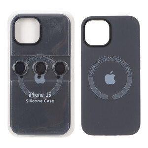 قاب سیلیکونی اورجینال Magsafe با ست محافظ لنز رینگی Apple iPhone 15 / iPhone 14 / iPhone 13 - خاکستری (پک دار)