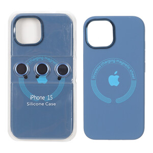 قاب سیلیکونی اورجینال Magsafe با ست محافظ لنز رینگی Apple iPhone 15 / iPhone 14 / iPhone 13 - آبی تیره (پک دار)