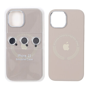 قاب سیلیکونی اورجینال Magsafe با ست محافظ لنز رینگی Apple iPhone 15 / iPhone 14 / iPhone 13 - خاکی (پک دار)
