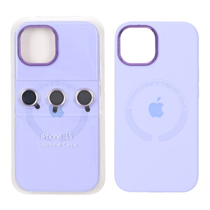 قاب سیلیکونی اورجینال Magsafe با ست محافظ لنز رینگی Apple iPhone 15 / iPhone 14 / iPhone 13 - یاسی (پک دار)