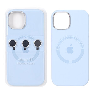 قاب سیلیکونی اورجینال Magsafe با ست محافظ لنز رینگی Apple iPhone 15 / iPhone 14 / iPhone 13 - آبی کبریتی (پک دار)