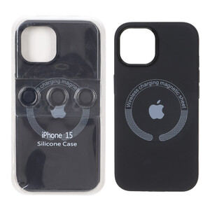 قاب سیلیکونی اورجینال Magsafe با ست محافظ لنز رینگی Apple iPhone 15 / iPhone 14 / iPhone 13 - مشکی (پک دار)