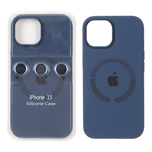 قاب سیلیکونی اورجینال Magsafe با ست محافظ لنز رینگی Apple iPhone 15 / iPhone 14 / iPhone 13 - سرمه ای (پک دار)