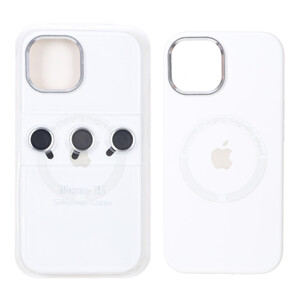 قاب سیلیکونی اورجینال Magsafe با ست محافظ لنز رینگی Apple iPhone 15 / iPhone 14 / iPhone 13 - سفید (پک دار)