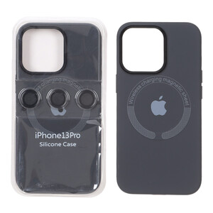 قاب سیلیکونی اورجینال Magsafe با ست محافظ لنز رینگی Apple iPhone 13 Pro - خاکستری (پک دار)