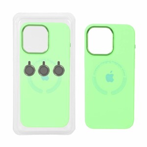 قاب سیلیکونی اورجینال Magsafe با ست محافظ لنز رینگی Apple iPhone 15 Pro Max - سبز فسفری (پک دار)
