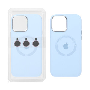 قاب سیلیکونی اورجینال Magsafe با ست محافظ لنز رینگی Apple iPhone 15 Pro Max - آبی کبریتی (پک دار)