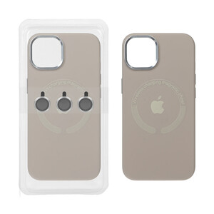قاب سیلیکونی اورجینال Magsafe با ست محافظ لنز رینگی Apple iPhone 13 / iPhone 14 - خاکی (پک دار)