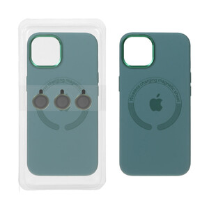 قاب سیلیکونی اورجینال Magsafe با ست محافظ لنز رینگی Apple iPhone 13 / iPhone 14 - سبز ارتشی (پک دار)