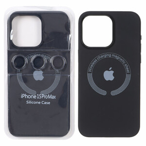 قاب سیلیکونی اورجینال Magsafe با ست محافظ لنز رینگی Apple iPhone 15 Pro Max - مشکی (پک دار)