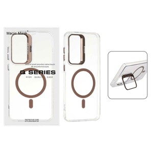 قاب اورجینال Q Series Bracket کریستالی Magsafe لنز استندشو Samsung Galaxy S24 FE - قهوه ای (پک دار)