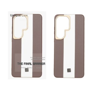 قاب اورجینال Unique Case چرمی دورنگ لوگو فلزی لنز برجسته Samsung Galaxy S26 Ultra - قهوه ای سفید (پک دار)