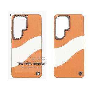 قاب اورجینال Unique Case چرمی دورنگ لوگو فلزی لنز برجسته Samsung Galaxy S26 Ultra - عسلی سفید (پک دار)