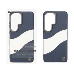 قاب اورجینال Unique Case چرمی دورنگ لوگو فلزی لنز برجسته Samsung Galaxy S26 Ultra - سرمه ای سفید (پک دار)
