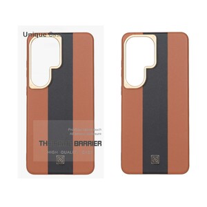 قاب اورجینال Unique Case چرمی دورنگ لوگو فلزی لنز برجسته Samsung Galaxy S26 Ultra - قهوه ای مشکی (پک دار)