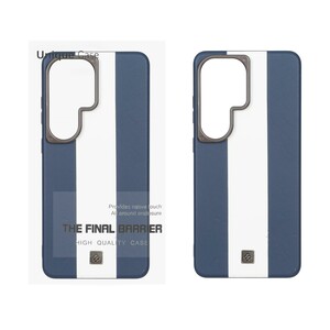 قاب اورجینال Unique Case چرمی دورنگ لوگو فلزی لنز برجسته Samsung Galaxy S26 Ultra - سرمه ای سفید کد 1 (پک دار)