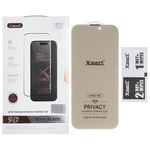 محافظ صفحه نمایش شیشه ای بدون حاشیه توری دار Xmart Privacy 3D Large Arc مدل Apple iPhone 16 Pro Max (پک دار)