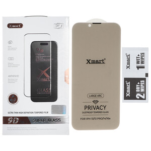 محافظ صفحه نمایش شیشه ای بدون حاشیه توری دار Xmart Privacy 3D Large Arc مدل Apple iPhone 13 / iPhone 13 Pro / iPhone 14 / 16e (پک دار)